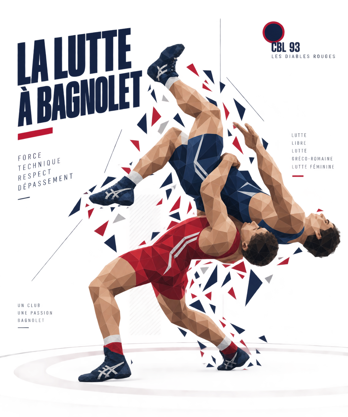 Deux lutteurs en pleine projection, maillots bleu marine et rouge, sur le cercle du tapis. Affiche du CBL 93.