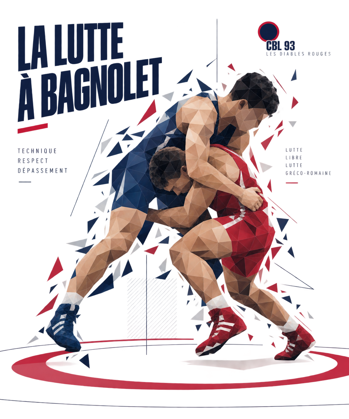 Deux lutteurs en corps à corps, maillots bleu et rouge, sur le cercle du tapis. Affiche du CBL 93, les Diables Rouges.