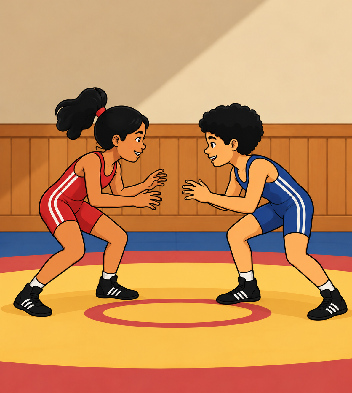 Deux enfants en maillot de lutte, l'un rouge, l'autre bleu, en garde face à face sur le tapis.
